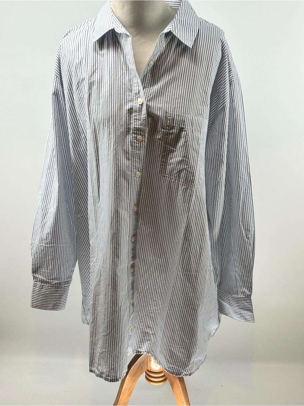 American Eagle  Blue Pinstripe Long Sleeve Button Down Collar Mini Shirt Dress M